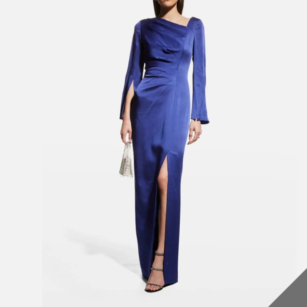 NWT Teri Jon by Rickie Freeman Long Slit-Sleeve Asymmetric Column Gown Purple 14